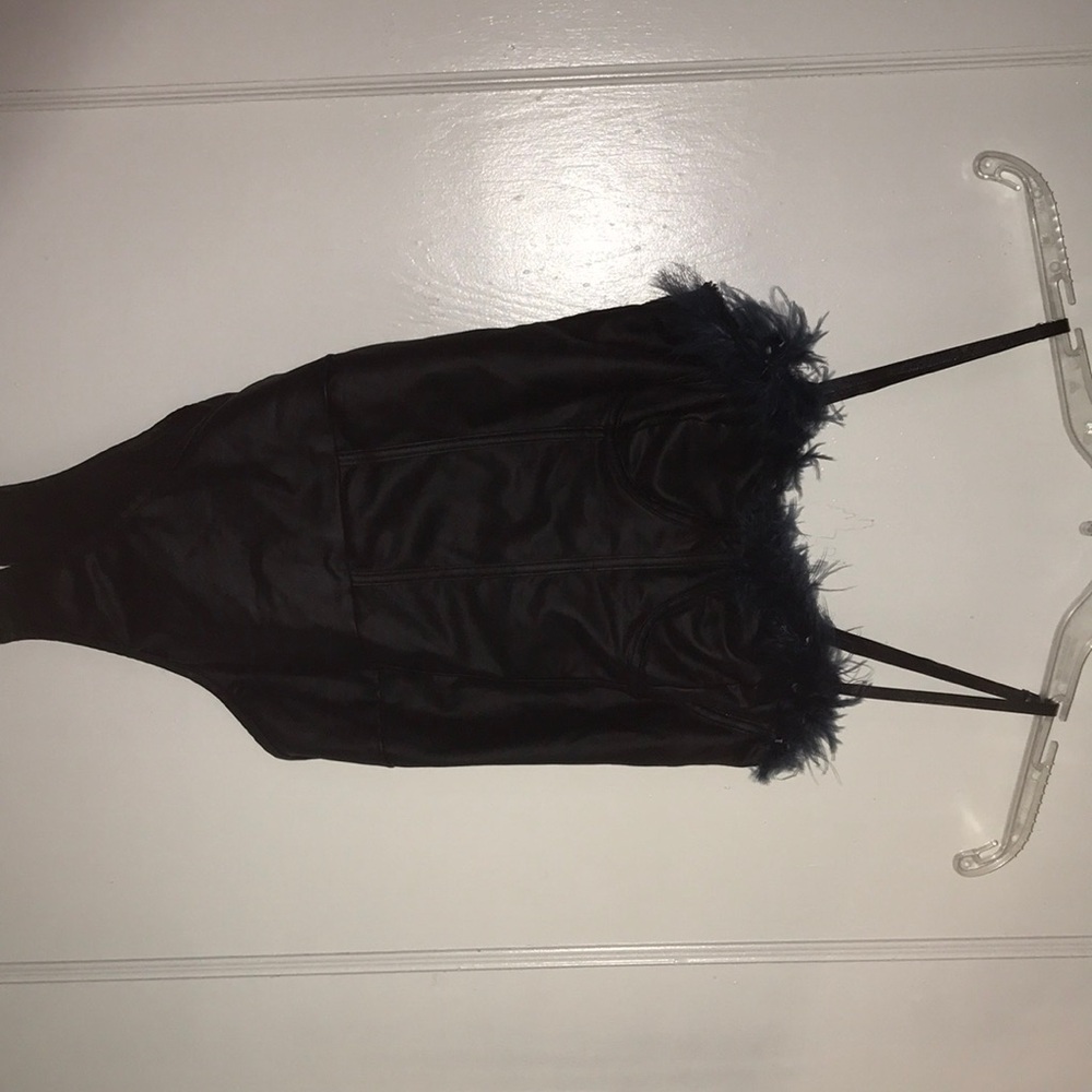 Black Feather Trim Bodysuit wth blue feathers around top front